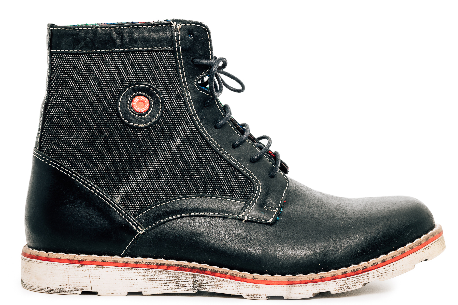 Robinson Ανδρικό μποτάκι μαύρο/γκρι δέρμα/τζιν μέσα καρό