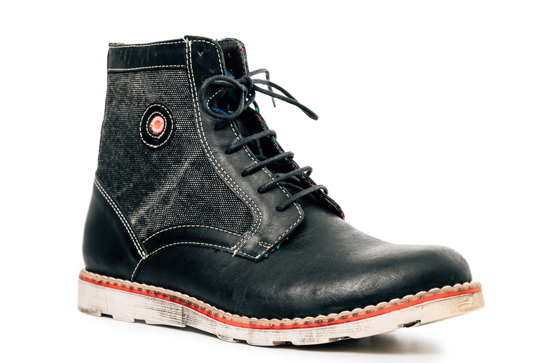 Robinson Ανδρικό μποτάκι μαύρο/γκρι δέρμα/τζιν μέσα καρό - Image 2